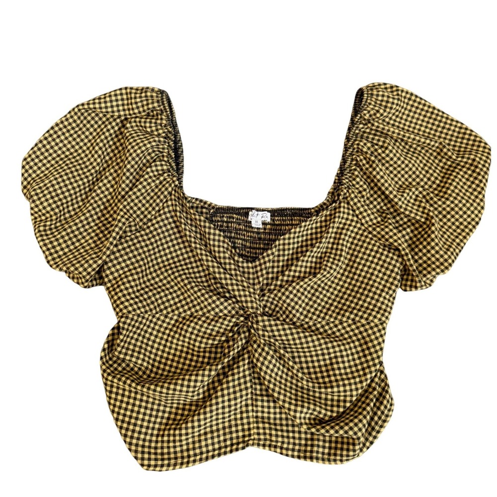 Rabbit Rose Gingham Twist Front Puff Sleeve Crop Top Yellow Black XL J90411C08